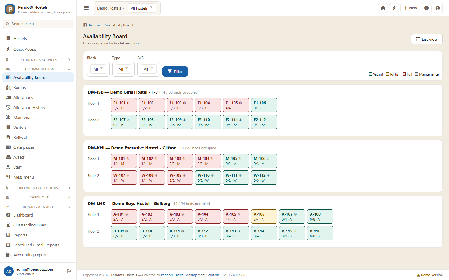 PeridotX Hostel Management Solution screenshot