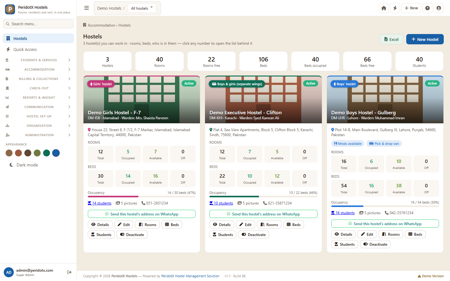 PeridotX Hostel Management Solution screenshot