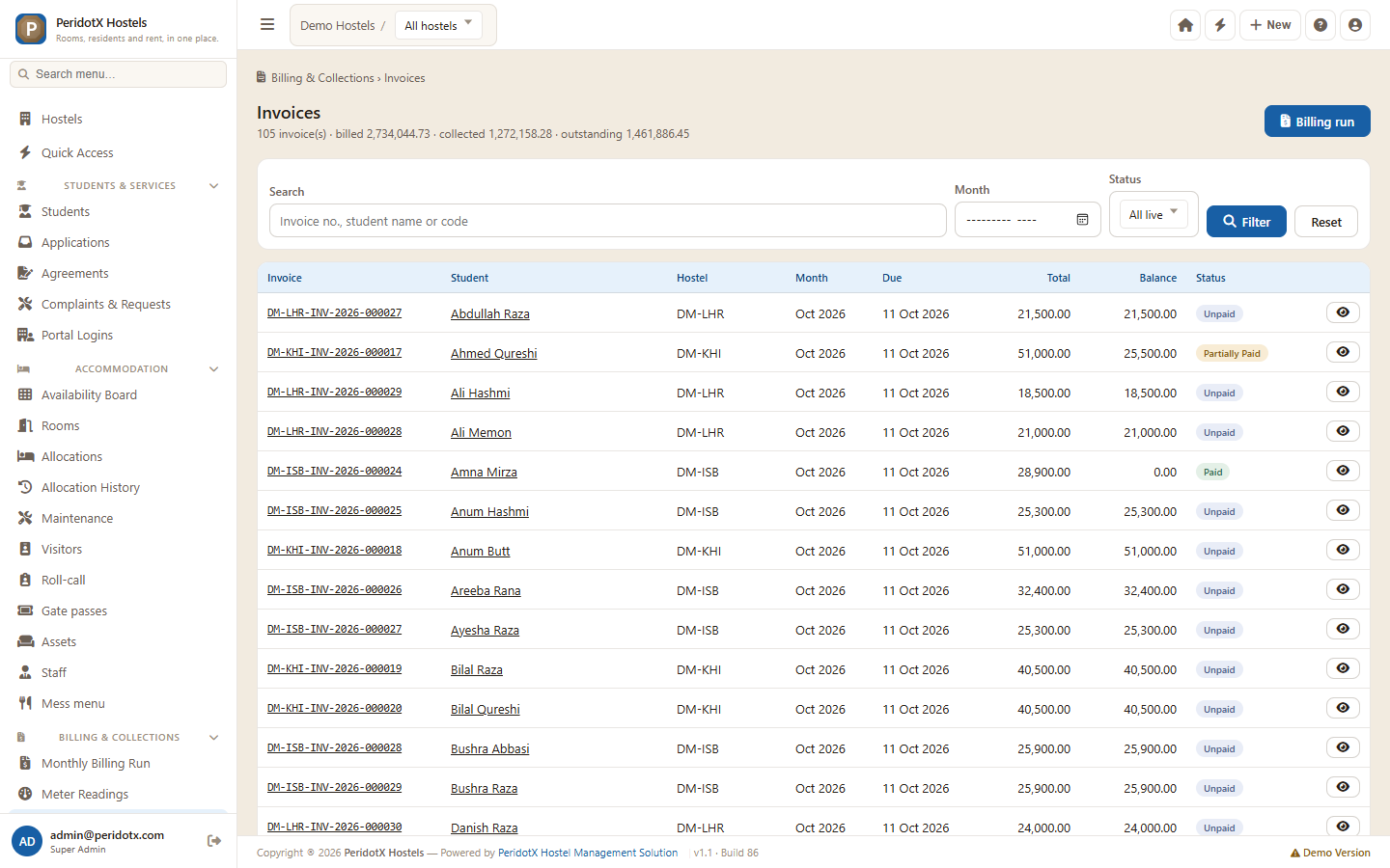 PeridotX Hostel Management Solution screenshot